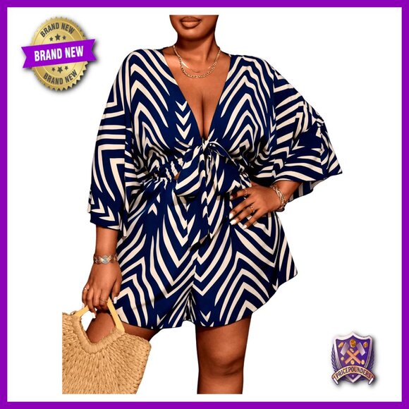 Plus Size Striped Romper V Neck Tie Front 3/4 Sleeve Loose Jumpsuit